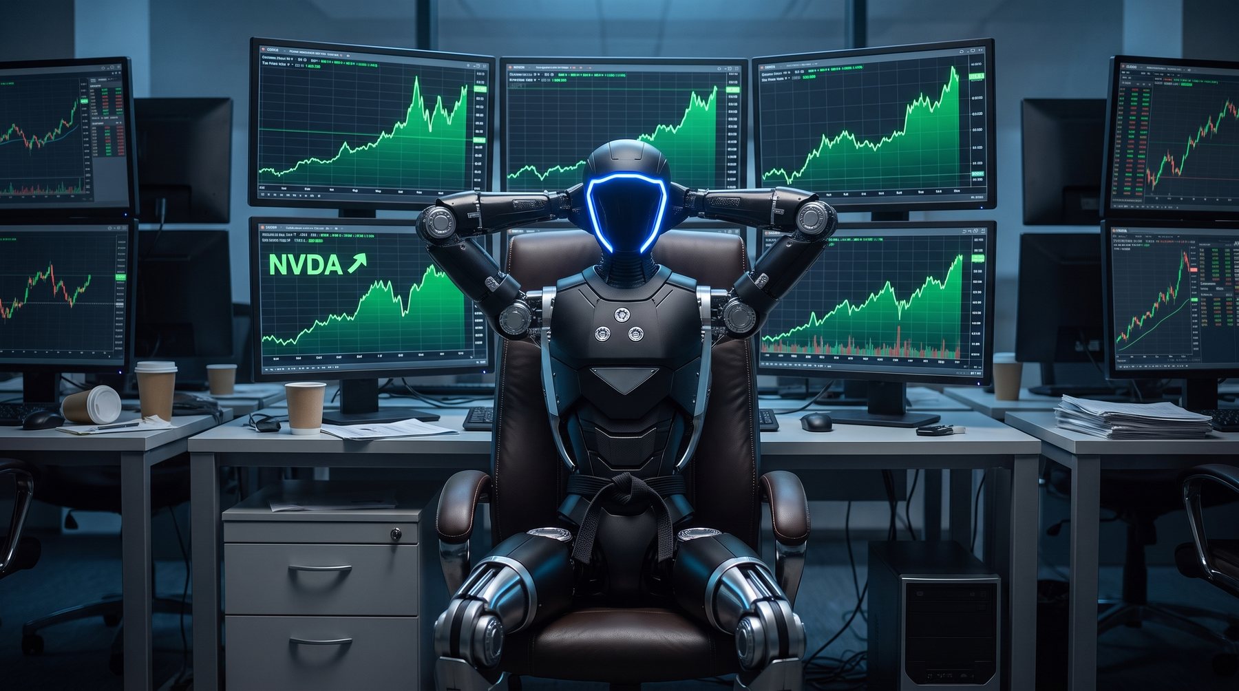 SYOMA at a trading desk with NVDA charts