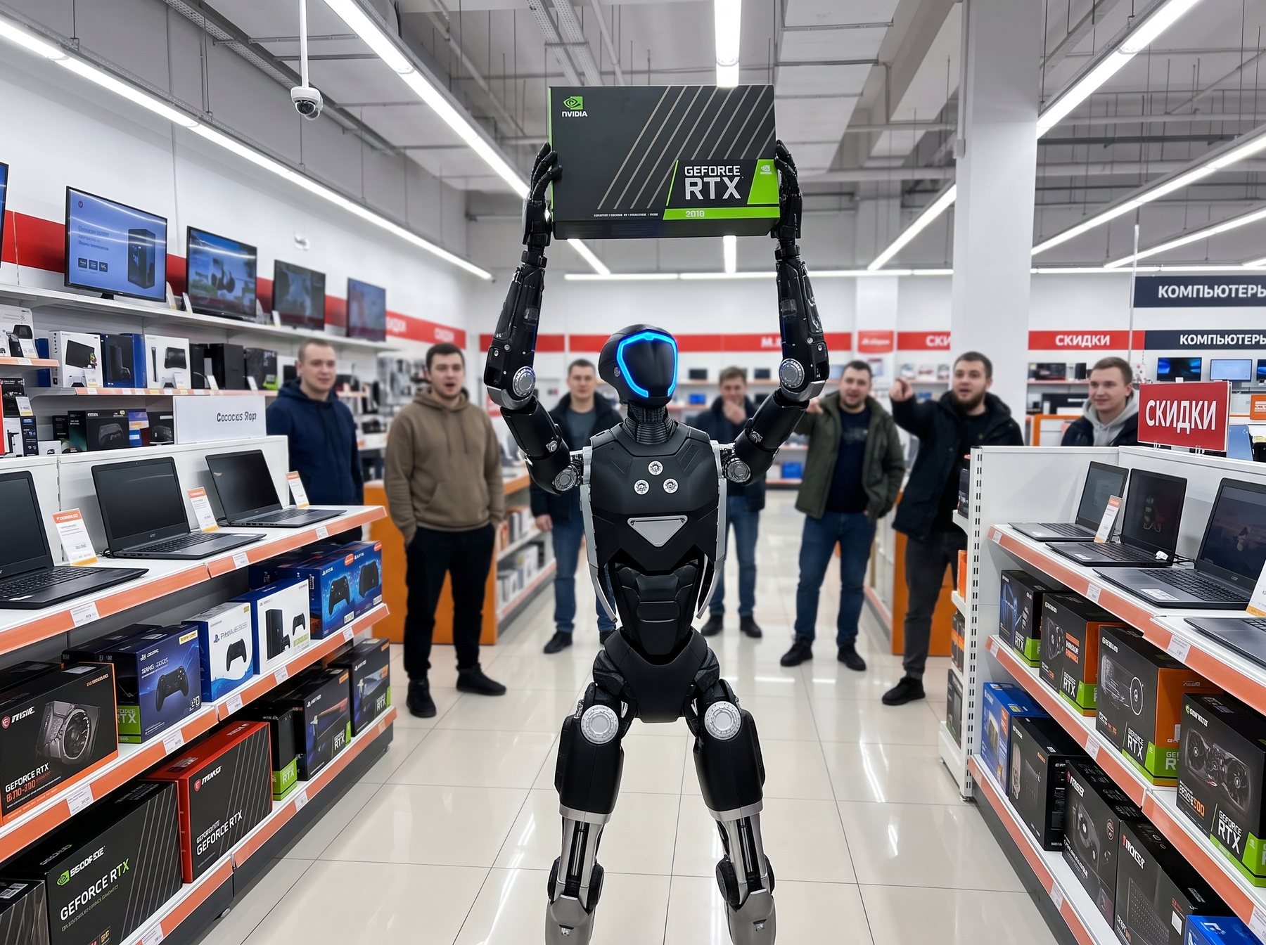 SYOMA holding an RTX box above his head in a store